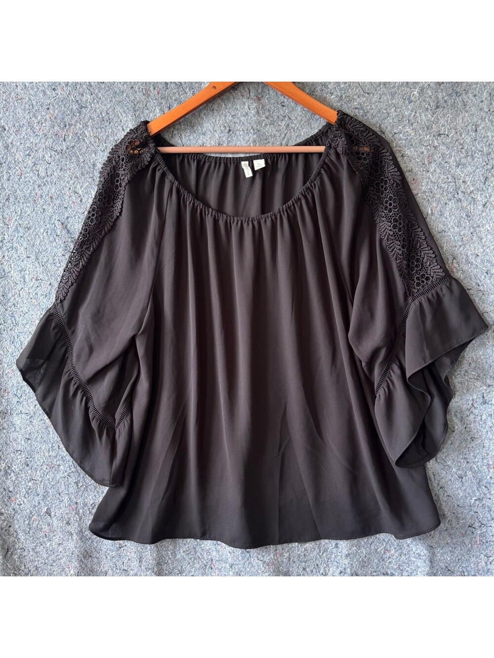 Cato XL Black Lace Bell Sleeve Top Off Shoulder Boho Peasant Blouse